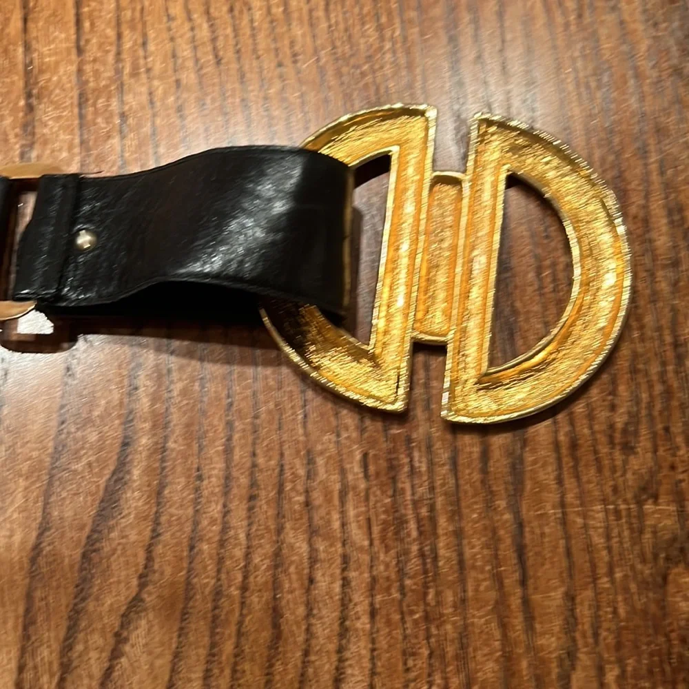 Omega Black Leather Belt With Large Gold Buckle Size M